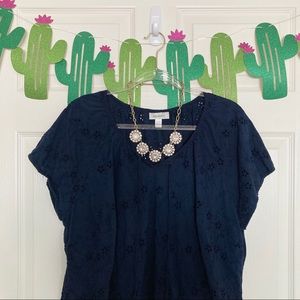 Dressbarn Navy Blue Casual Eyelet Peasant Blouse